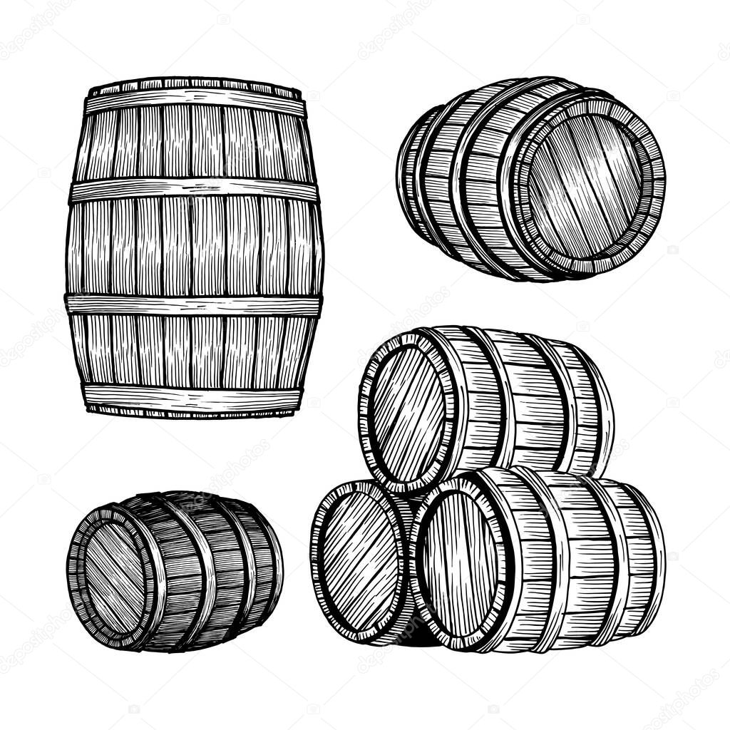 Barrel. Oak barrel hand drawn vector illustrations set.Wooden keg sketch drawing label.