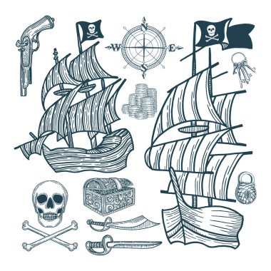 Gemi. Korsan yelkenli gemi ve özellikleri. Korsan vintage tarzı çizim sembolik.