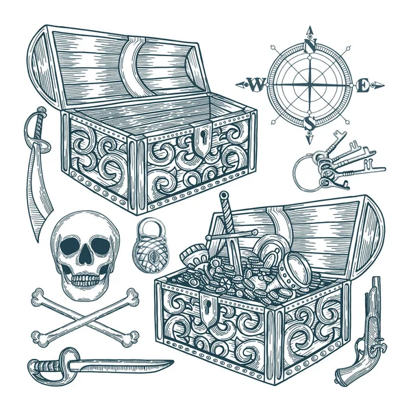 Schatz Piraten Schatztruhe Und Elemente Illustrationen Gesetzt Symbolische Zeichnung Piraten — Stockvektor