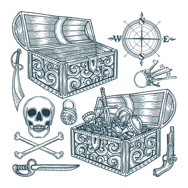 Treasure. Pirate treasure chest and elements illustrations set. Pirate vintage style drawing symbolic.