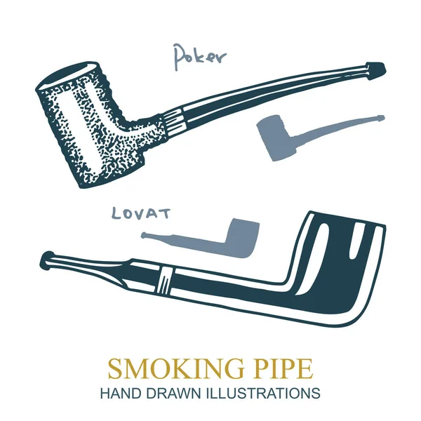 煙管だ タバコパイプ手はヴィンテージスタイルのイラストを描く 集合の一部 — ストックベクタ