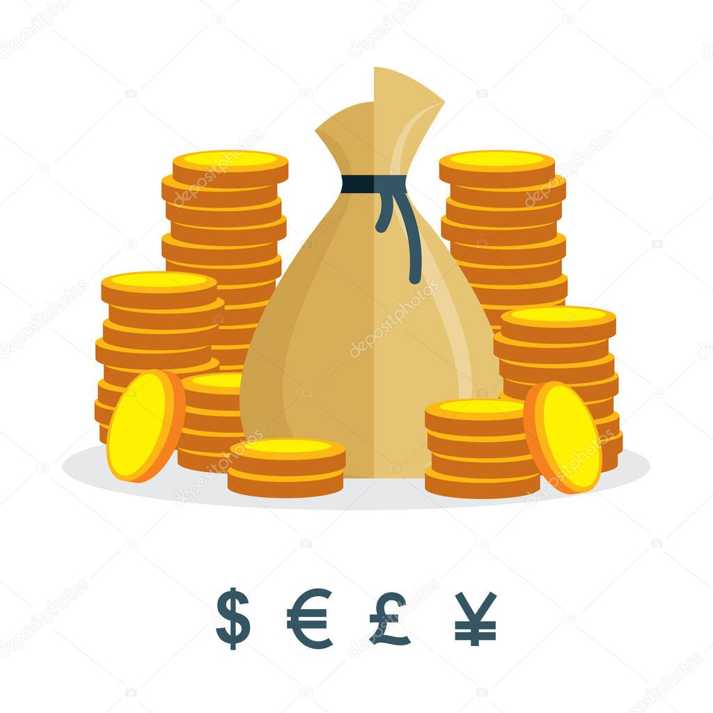Money. Money bag and golden coins illustrations set. Coin stacks around money sack.