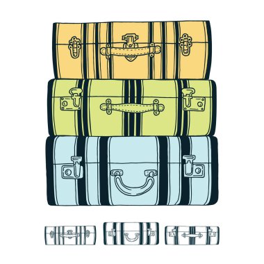 Bavullar. Bagaj çizimi. Yük yığını el çizimi vektör çizimi.