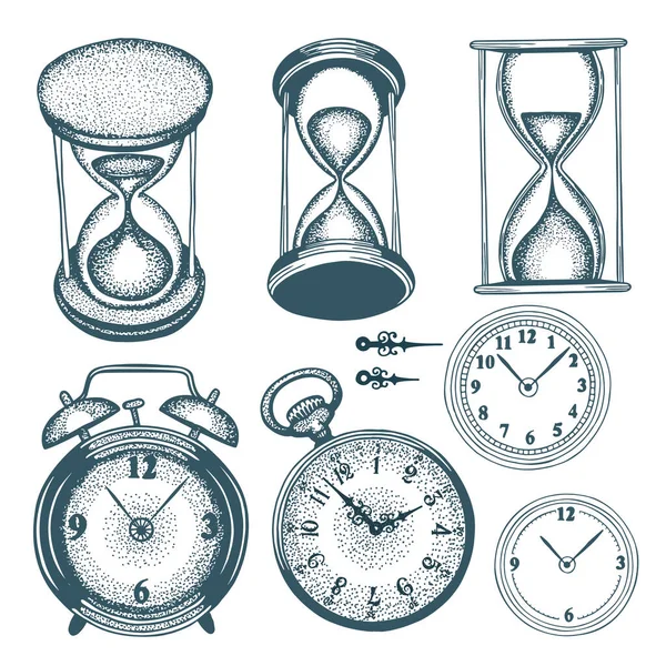 Tempo Clessidra Disegnata Mano Sveglia Orologio Tasca Parte Del Set — Vettoriale Stock