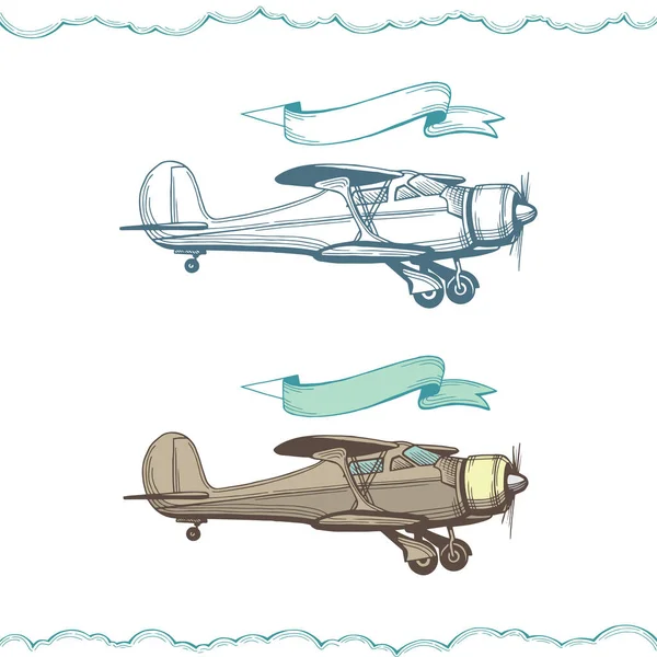 飛行機だ 広告バナーと手描きの複葉イラスト 飛行機のスケッチ図 集合の一部 — ストックベクタ