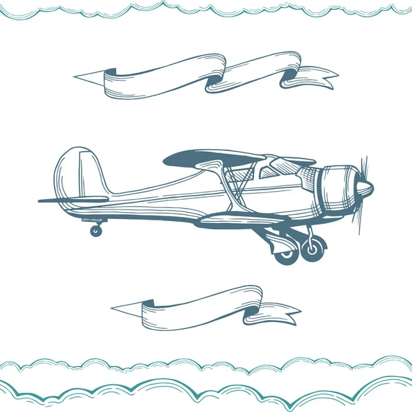 飛行機だ 広告バナーと手描きの複葉イラスト 飛行機のスケッチ図 集合の一部 — ストックベクタ
