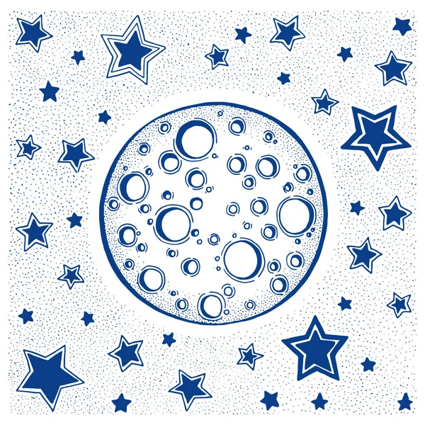 Night sky illustration. Moon and stars hand drawn vector illustration.