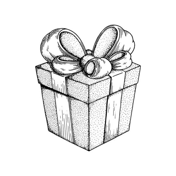 Geschenkkarton Vorhanden Handgezeichnete Geschenkschachtel Mit Schleife Vintage Stil Geschenk Box — Stockvektor