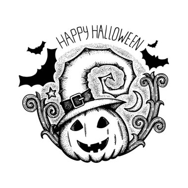 Mutlu Cadılar Bayramı. Cadılar Bayramı el çizimi vektör çizimi. Balkabağı, yarasa, ay ve dekorasyon elementleriyle Cadılar Bayramı çizimi.