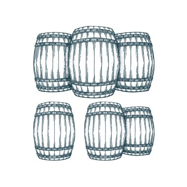 Fıçı. Meşe varili el çizimi vektör çizimleri ayarlandı. Tahta fıçı çizim etiketi.