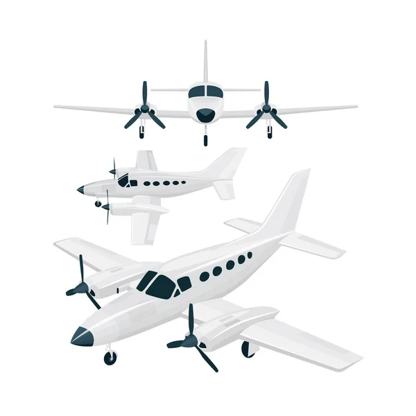 Cessna Kleine Vlakke Vector Illustraties Ingesteld Commerciële Vliegtuigen Verschillende Weergave — Stockvector