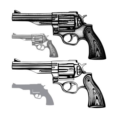 Tabanca. El yapımı klasik revolver vektör çizimi. İşleme biçimi eski tabancalar ayarlandı.