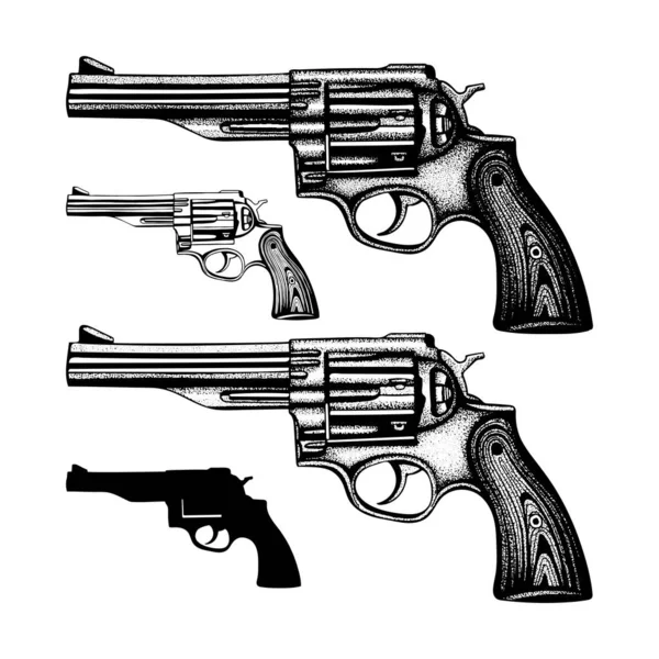 Револьвер Рука Намальована Вінтажним Револьвером Векторні Ілюстрації Набір Старих Пістолетів — стоковий вектор