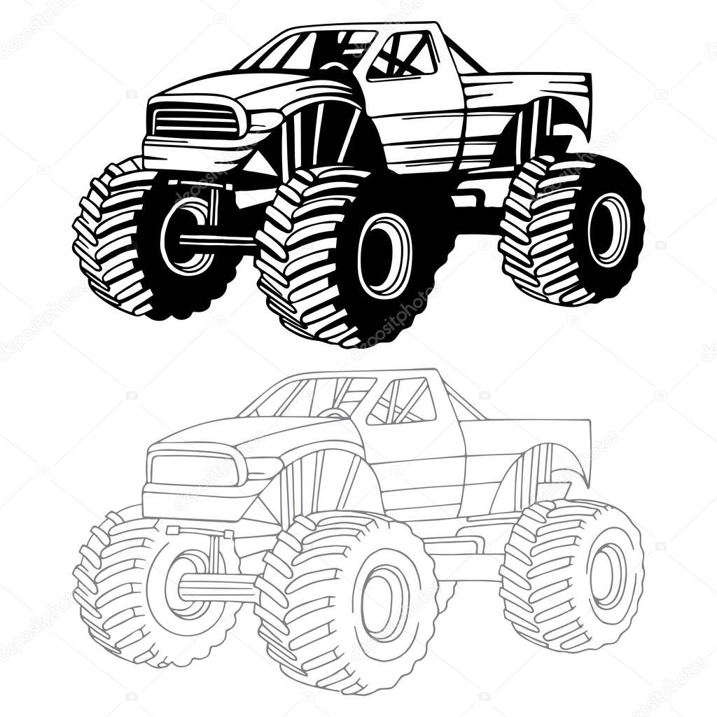 Monster truck. Off-road truck hand drawn vector illustrations set. Monster truck sketch drawing.