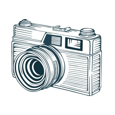 Klasik film kamerası. El çizimi retro tarzı fotoğraf makinesi vektör çizimi beyaza izole edildi. Kümenin bir parçası.