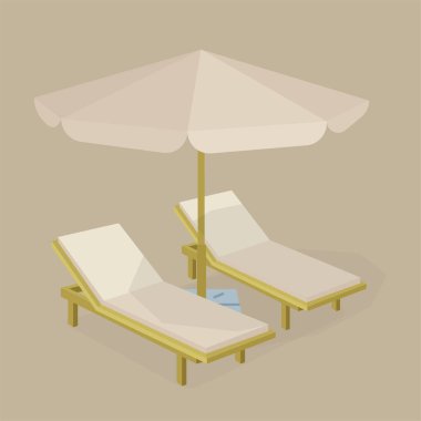 Plaj sandalyeleri ve şemsiye. Güvertedeki sandalyeler ve şemsiye. Kümenin bir parçası.