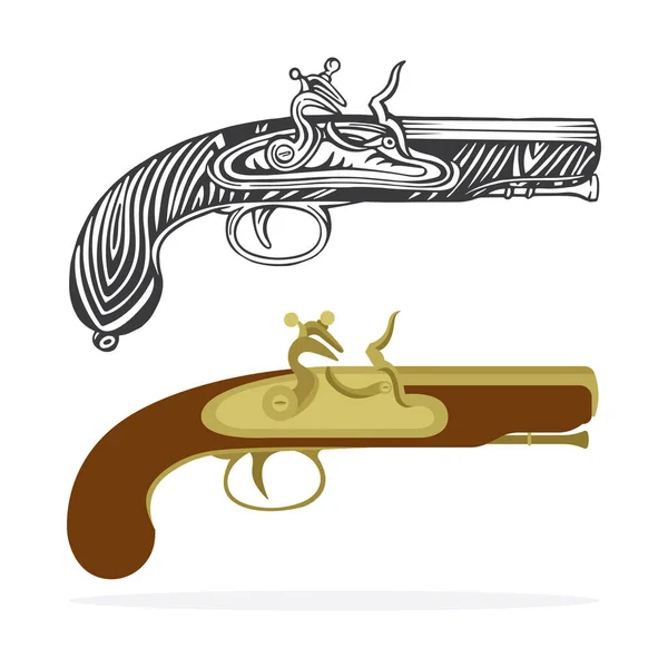 Stará Zbraň Vintage Flintlock Pistole Vektorové Ilustrace Sbírka Ručně Tažené — Stockový vektor