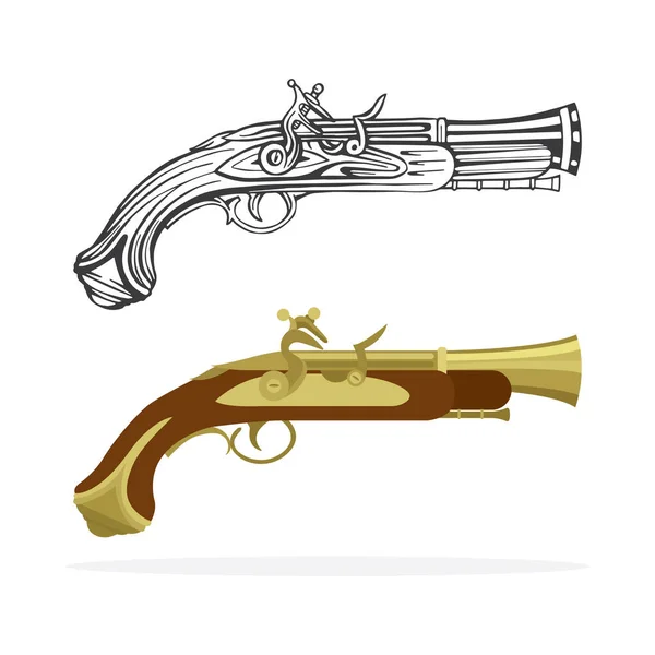 Gammal Pistol Vintage Flintlock Pistol Vektor Illustrationer Samling Handdragna Och — Stock vektor