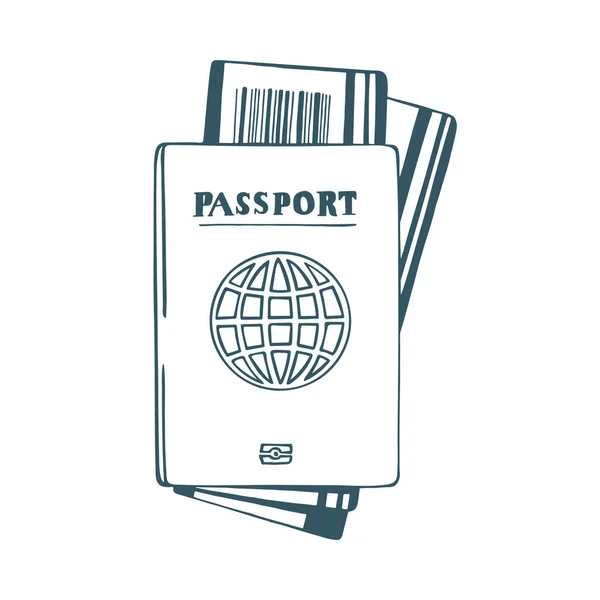 护照和车票手绘矢量图解 航空旅行概念草图 成套服务的一部分 — 图库矢量图片