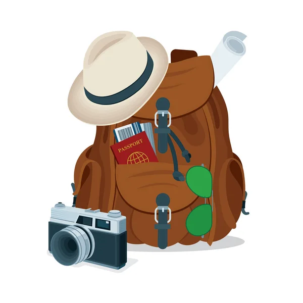 Illustration Eines Reisekonzepts Rucksack Hut Kamera Reisepass Tickets Und Sonnenbrille — Stockvektor