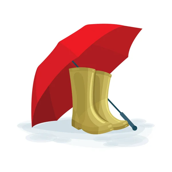 Umbrella Rubber Boots Vector Illustration Rain Protect Concept Part Set — Stock Vector