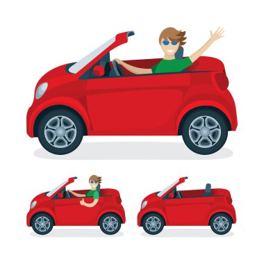 Araba ve sürücü vektör düz çizimler ayarlandı. Kırmızı Cabriolet 'te bir karakter. Farklı pozlarda genç ve mutlu şoför. Kırmızı mini araba sütunları. Kümenin bir parçası.