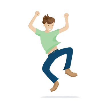 Mutlu adam konsepti. Zıplayan erkek karakter. Düz stil vektör çizimi. Beyaz arka planda izole edilmiş zıplayan karakter. Kümenin bir parçası.