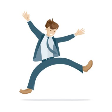 Mutlu adam konsepti. Zıplayan erkek karakter. Düz stil vektör çizimi. Beyaz arka planda izole edilmiş zıplayan karakter. Kümenin bir parçası.