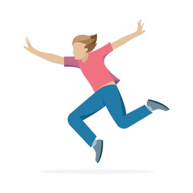 Mutlu adam konsepti. Zıplayan erkek karakter. Düz stil vektör çizimi. Beyaz arka planda izole edilmiş zıplayan karakter. Kümenin bir parçası.