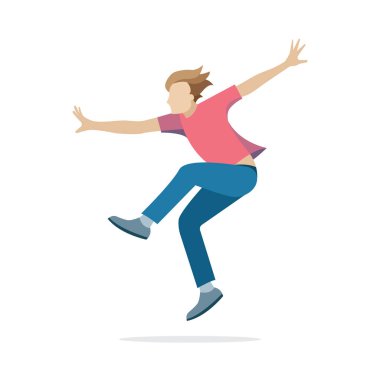 Mutlu adam konsepti. Zıplayan erkek karakter. Düz stil vektör çizimi. Beyaz arka planda izole edilmiş zıplayan karakter. Kümenin bir parçası.
