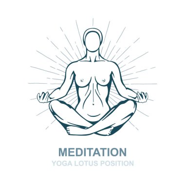 Yoga pozunda kadın silueti ve arka planda gün doğumu. Meditasyon konsepti elle çizilmiş. Yoga nilüfer pozisyonu.  