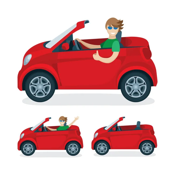 Conjunto Ilustraciones Planas Vectoriales Para Automóviles Conductores Carácter Cabriolet Rojo — Vector de stock