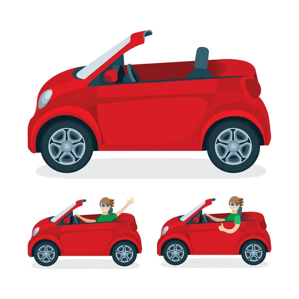 車とドライバのベクトルフラットイラストセット 赤いキャブリオレットのキャラクター 別のポーズの若い幸せなドライバーの男 赤いミニ車のカブリオレ 集合の一部 — ストックベクタ