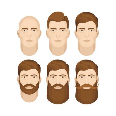 Adam yüz vektör çizimleri ayarlandı. Erkek karakter yüz yapıcı. Beyaz arka planda izole edilmiş farklı sakal şekilleri olan erkek yüzü.