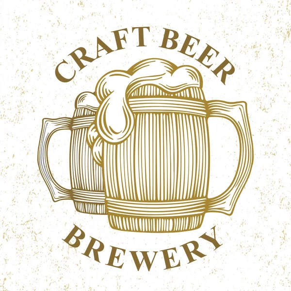 Tazas Cerveza Madera Ilustración Vectorial Dibujado Mano Logo Artesanal Cerveza — Vector de stock