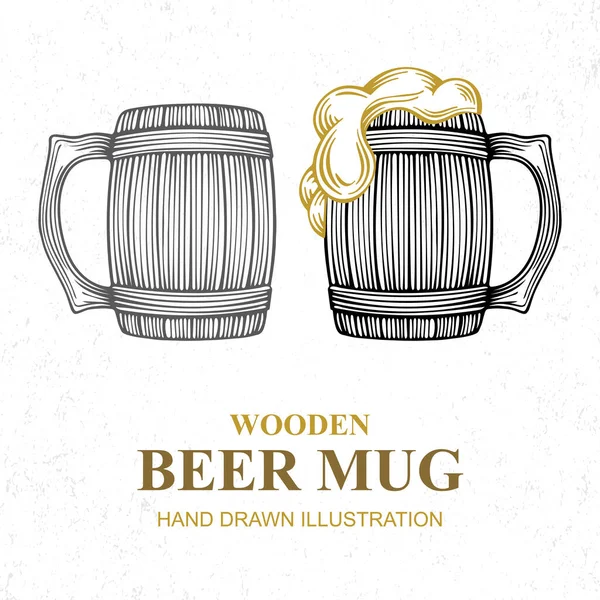 Tazas Cerveza Madera Ilustración Vectorial Dibujado Mano Logo Artesanal Cerveza — Vector de stock