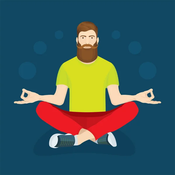 Young Man Long Beard Mustache Relaxing Lotus Position Virtual Communication — Stock Vector