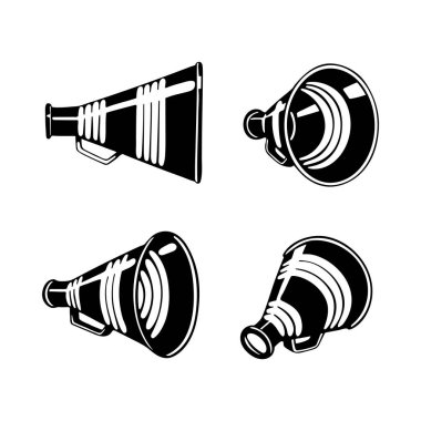 Klasik megafon el çizimi. Retro megafon gerçekçi çizimler seti. Hoparlörlerin vektör sembollerini çiz. Kümenin bir parçası.