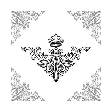 Klasik lüks süs. El çizimi Barok Viktorya dönemi süsleri. Çiçek süsü tasarımı. İşlenmiş stil süs çizimi. Kümenin bir parçası.