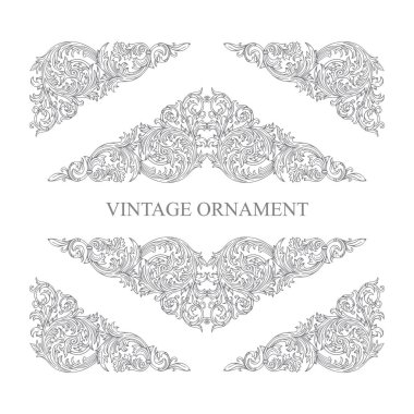 Çiçek süslemeleri. Klasik barok Victoria tarzı süsler. El çizimi retro tarzı çiçek tomarları çizimi. Kümenin bir parçası.