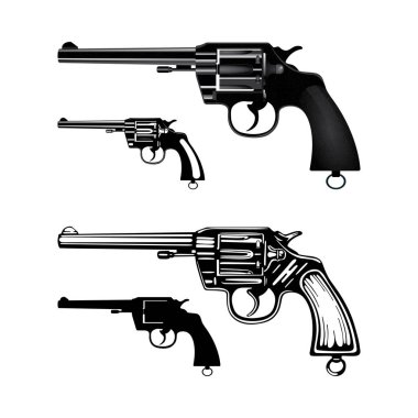 Tabanca. El yapımı klasik revolver vektör çizimi. Oyma ve gerçekçi stil eski tabancalar..