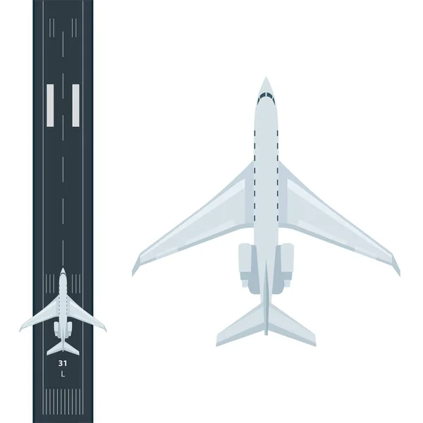 飛行機のトップビュー ビジネス航空機や滑走路ベクトルイラストセット 旅客機の現実的なグラフィック 集合の一部 — ストックベクタ