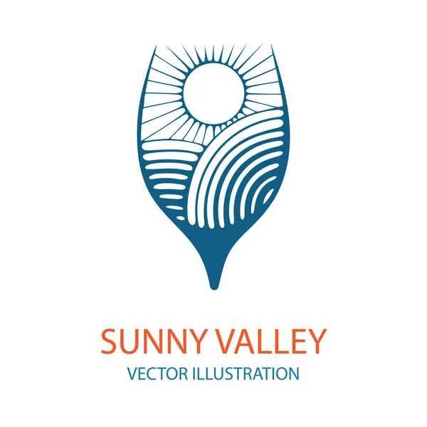 Sunny valley in wine glass with grape bunch. Sunny valley and grape hand drawn illustration. Nature, meadows, sun and sky in wine glass. Logo for wine shop, restaurant menu and winery branding.Wine logo concept. Part of set.