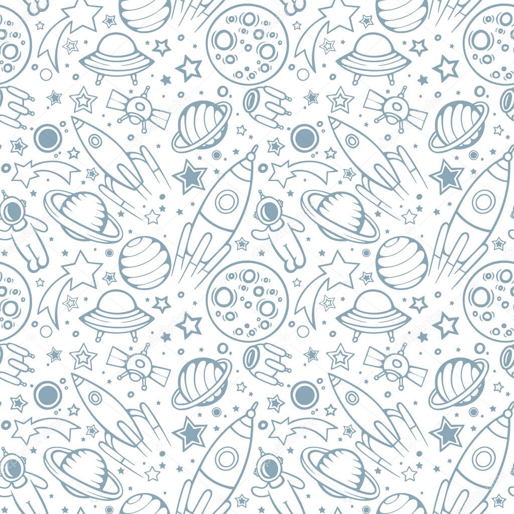 Space seamless pattern for Kids. Hand drawn space, spaceships, rocket, ufos, comets and planets with stars. Trendy kids vector background. Hand drawn space elements seamless pattern. Space doodle background illustration.  Part of set.