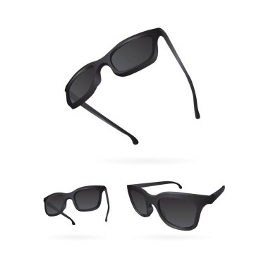 Güneş gözlüğü. Gerçekçi vektör güneş gözlüğü ayarlandı. Güneş gözlüğü vektör illüstrasyon koleksiyonu. Modern ve moda koyu güneş gözlükleri. Moda aksesuarı. Kümenin bir parçası. 