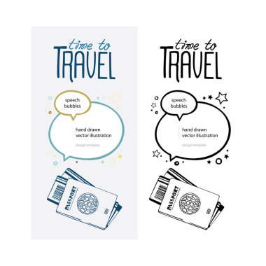 Seyahat et. Konuşma baloncukları, pasaport ve biletler. Seyahat konsepti el yapımı vektör çizimi. Seyahat çizimi çizimi. El yazısıyla yazılmış harfler.