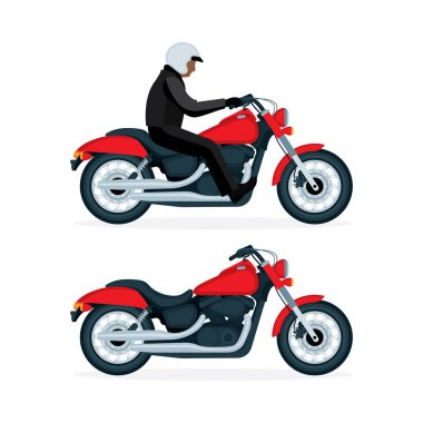 Motosikletli ve motosikletli gerçekçi düz stil vektör çizimleri. Beyaz arka planda motosiklet. Klasik helikopter motosikleti..