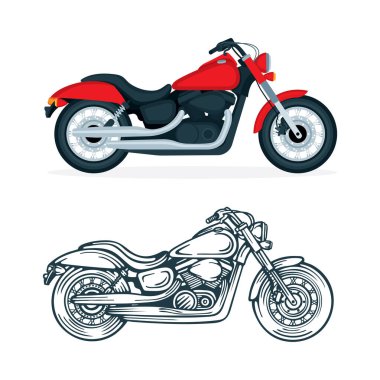 Motosiklet vektörü gerçekçi ve el çizimi çizimleri ayarlandı. Beyaz arka planda motosiklet. Klasik helikopter motosikleti..