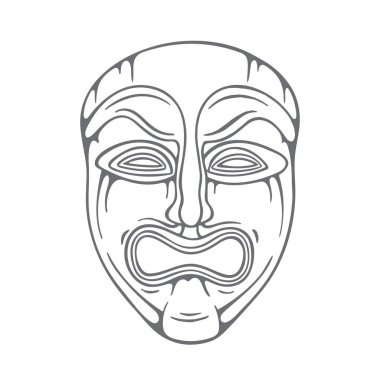 Tiyatro maskesi. Trajedi maskeli el çizimi. Üzücü maske çizimi. Kümenin bir parçası.