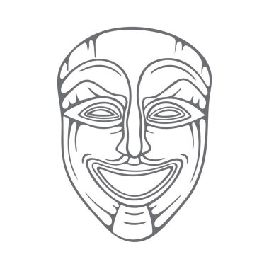 Tiyatro maskesi. Komedi maskeli el çizimi. Mutlu maske çizimleri. Kümenin bir parçası.